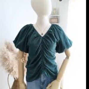 LOFT size L woman Green Puff Sleeve Ruched Blouse